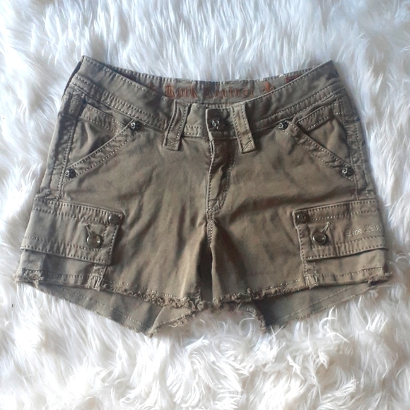 Rock Revival Distressed Olive Green Denim Shorts Size 27